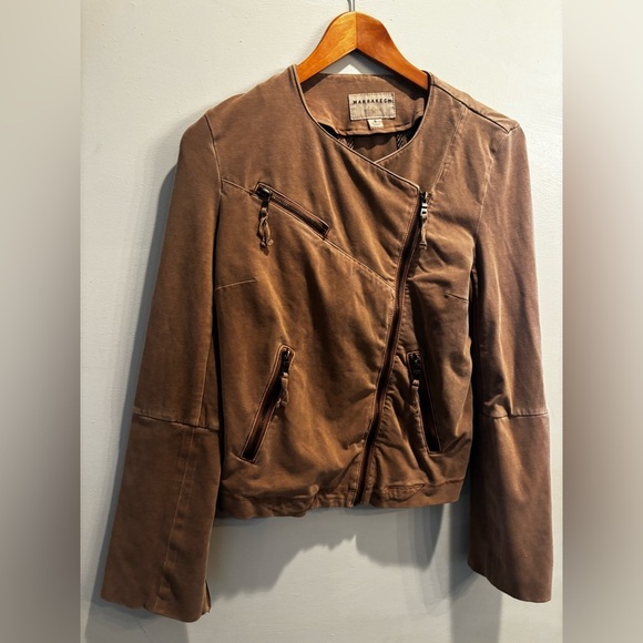 Stylish Women's Brown moto Jacket bodycon boho medium neutral pockets western - Picture 12 of 16